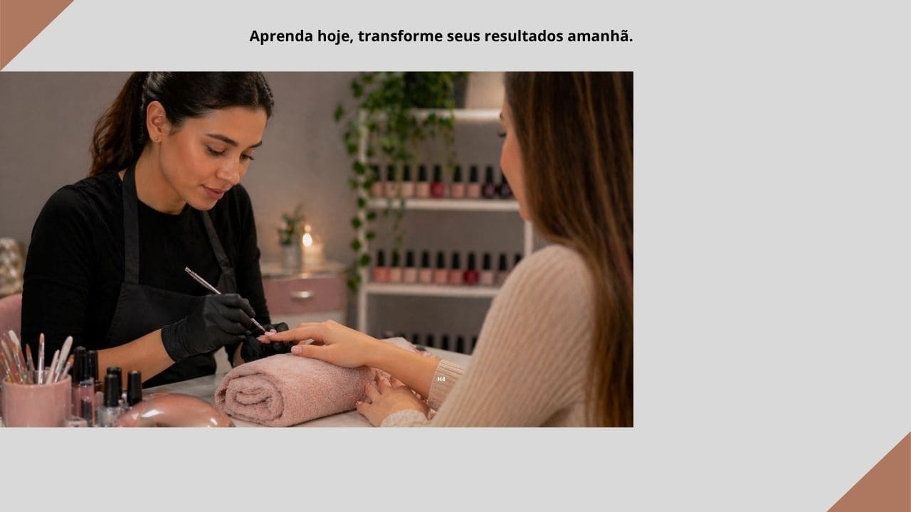 Imagem de uma manicure realizando um procedimento com precisão, demonstrando evolução profissional, técnicas aprimoradas e resultados de alta qualidade nas unhas.