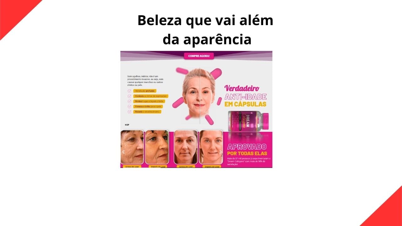 Imagem promocional sobre beleza que vai além da aparência, destacando o cuidado interno com colágeno para contribuir com pele saudável, cabelos fortes e bem-estar. 