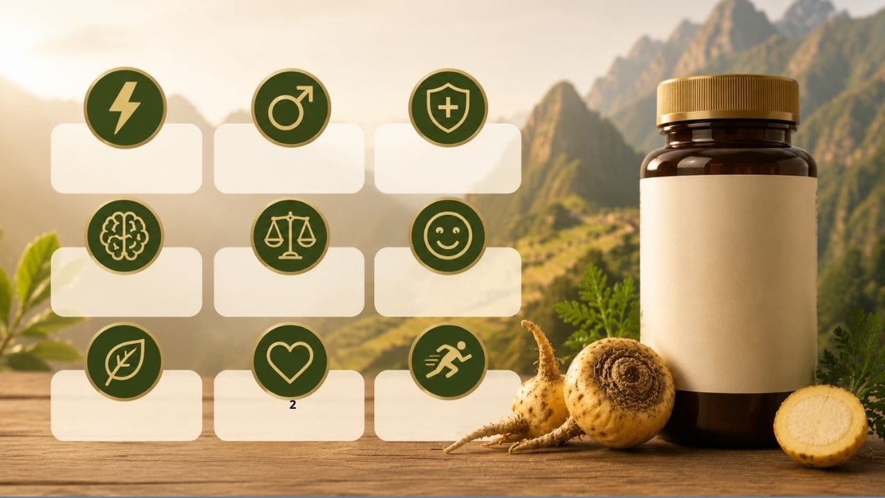 Frasco de Maca Peruana Caps com cápsulas e raízes naturais sobre uma superfície rústica, representando os benefícios do suplemento para energia, vitalidade e qualidade de vida.
