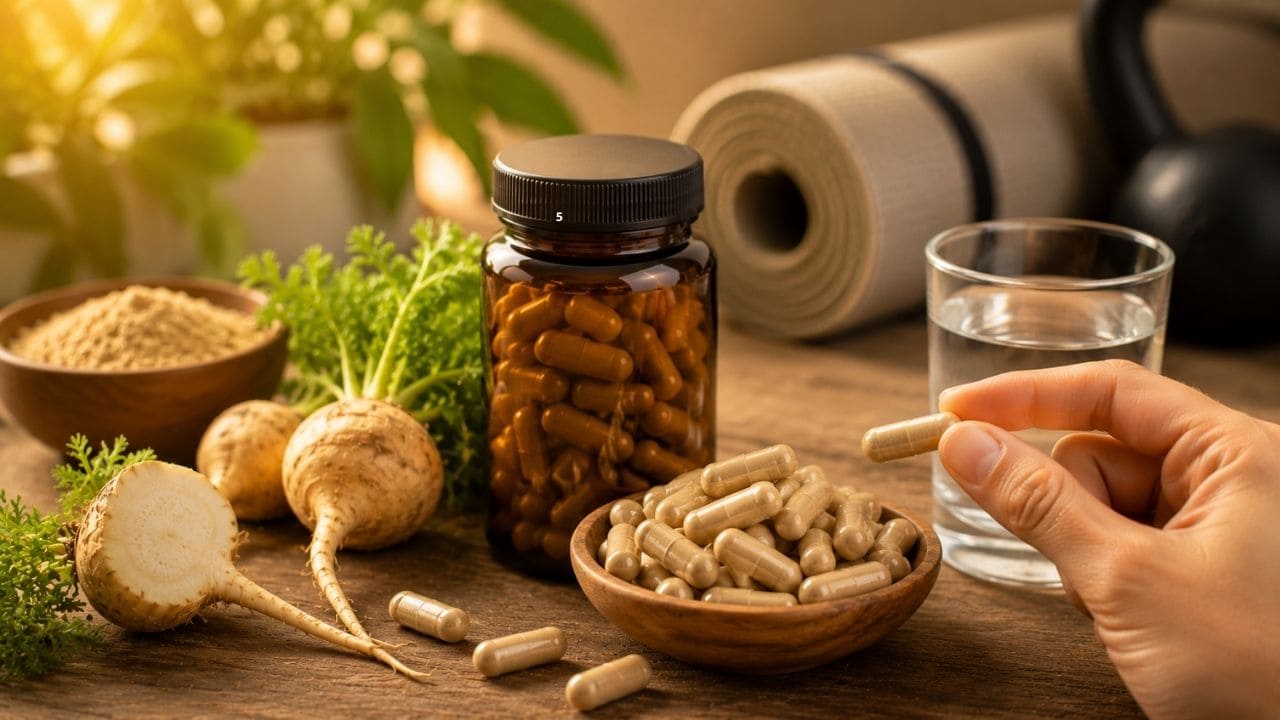 Pessoa segurando uma cápsula de Maca Peruana ao lado de um frasco do suplemento e um copo de água, representando o consumo correto para obter melhores resultados.