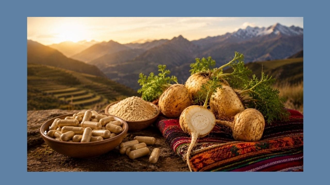 Raízes de Maca Peruana, cápsulas e pó natural em ambiente rústico com paisagem montanhosa ao fundo, destacando curiosidades e a origem tradicional desse superalimento andino.