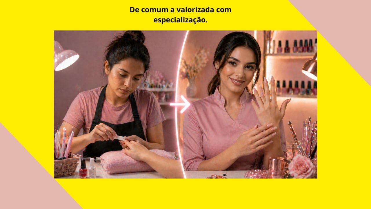 Mensagem inspiradora mostrando a transição de uma manicure comum para uma profissional valorizada por meio de especialização e desenvolvimento de habilidades.