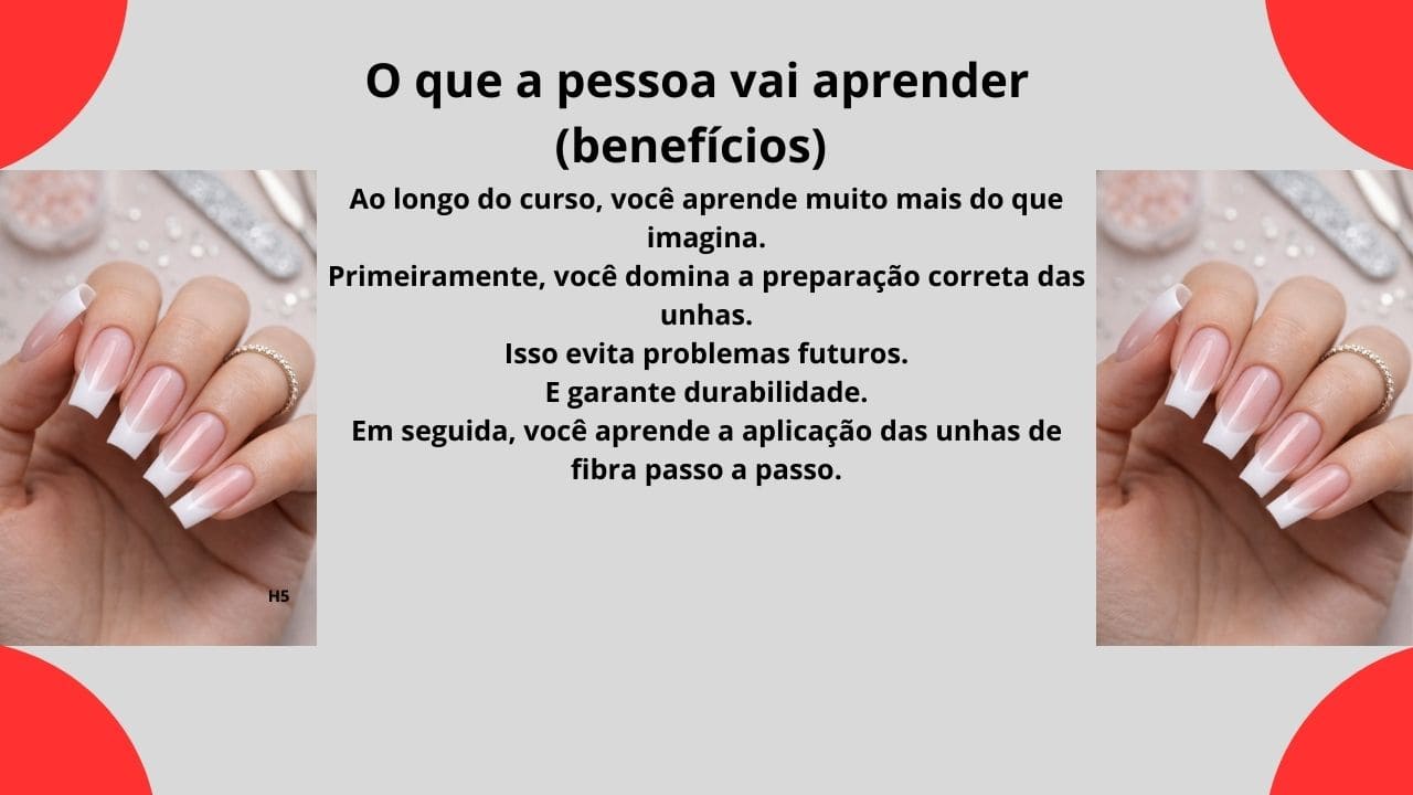 Seção que apresenta os conteúdos e competências ensinados no curso de unhas de fibra, do nível iniciante ao avançado.