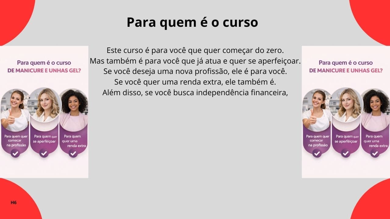 Seção que explica o perfil de pessoas para quem o curso de unhas de fibra é indicado e seus objetivos profissionais.