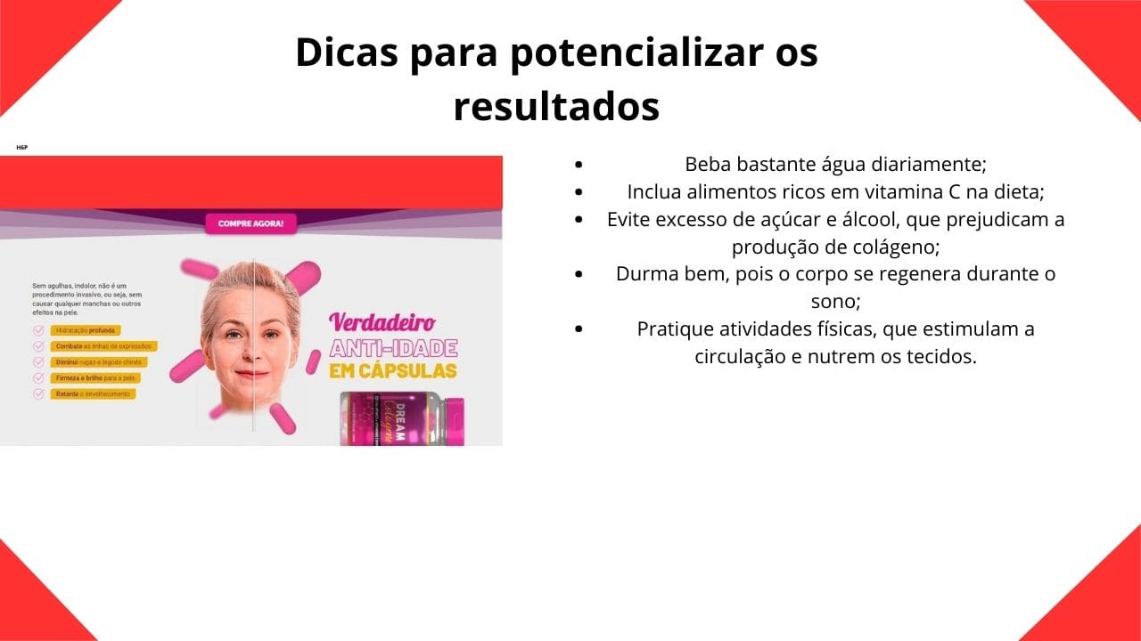 Imagem com dicas práticas para potencializar os resultados do colágeno, incluindo hábitos saudáveis, alimentação equilibrada e rotina de cuidados