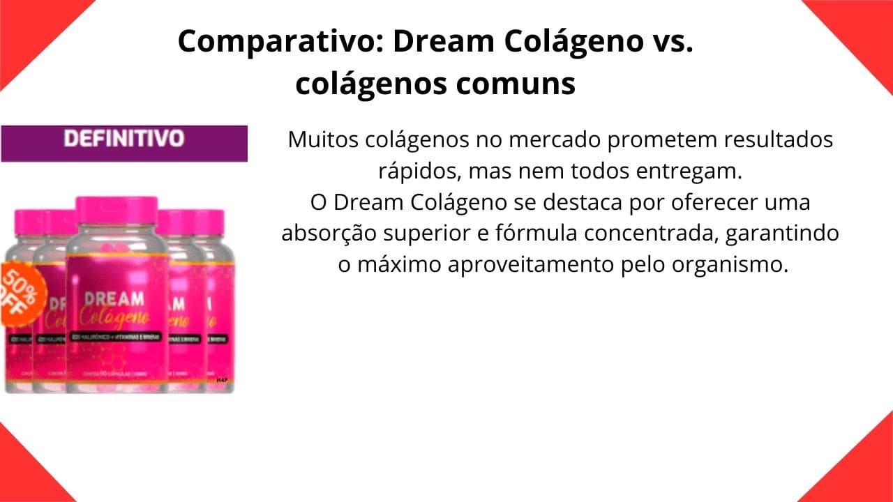 Imagem comparativa entre Dream Colágeno e colágenos comuns destacando diferenças de qualidade, absorção e benefícios para pele, cabelos e articulações.