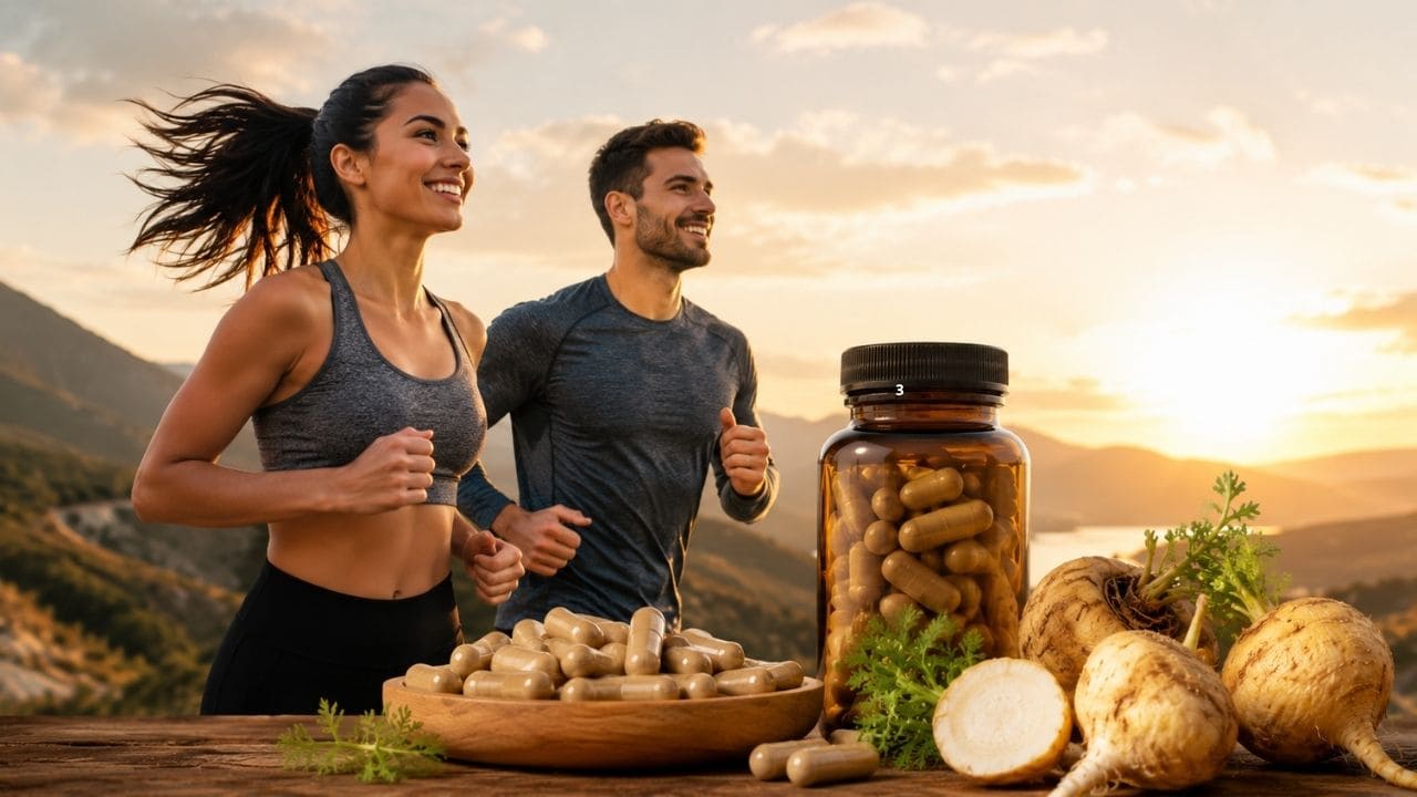 Pessoa praticando atividade física ao ar livre com frasco de Maca Peruana Caps e cápsulas em destaque, representando aumento de energia, disposição e vitalidade natural.