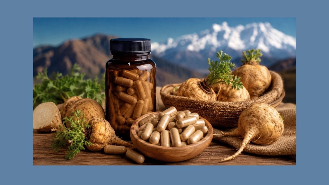 Frasco de Maca Peruana Caps acompanhado de cápsulas e raízes naturais sobre uma mesa de madeira, com montanhas ao fundo, representando os benefícios e o funcionamento do suplemento natural.