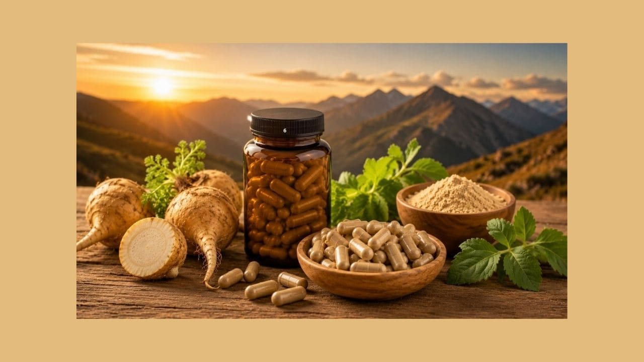 Frasco de Maca Peruana Caps cercado por cápsulas e raízes naturais em um cenário iluminado pelo pôr do sol, simbolizando bem-estar, vitalidade e os benefícios do suplemento natural.