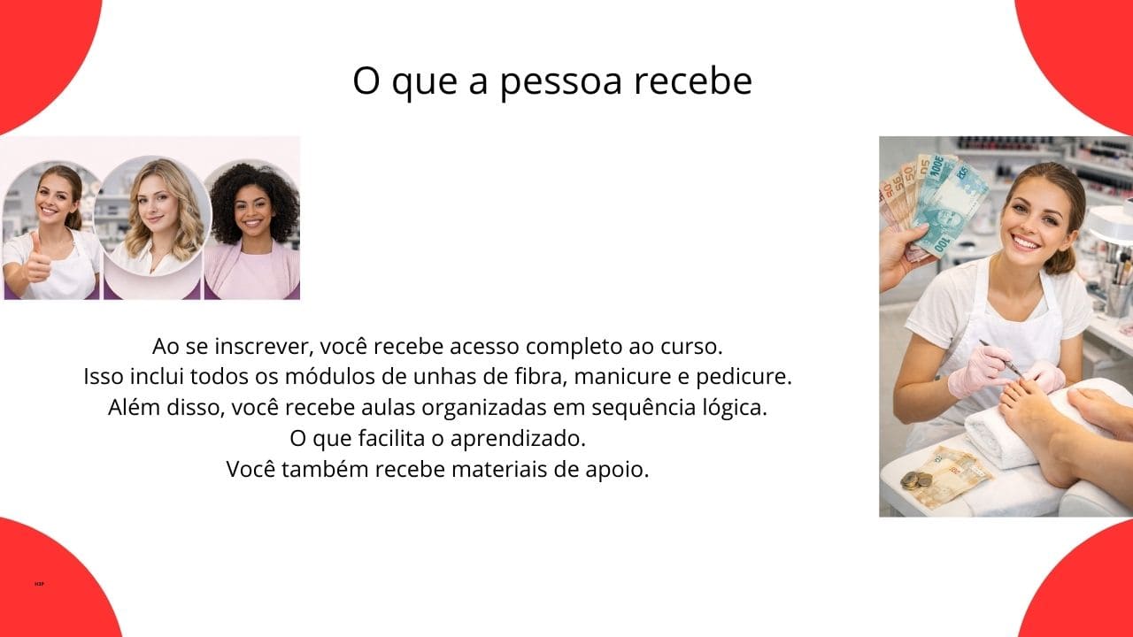 Seção que apresenta os conteúdos, recursos e benefícios incluídos para a aluna ao adquirir o curso de unhas de fibra.