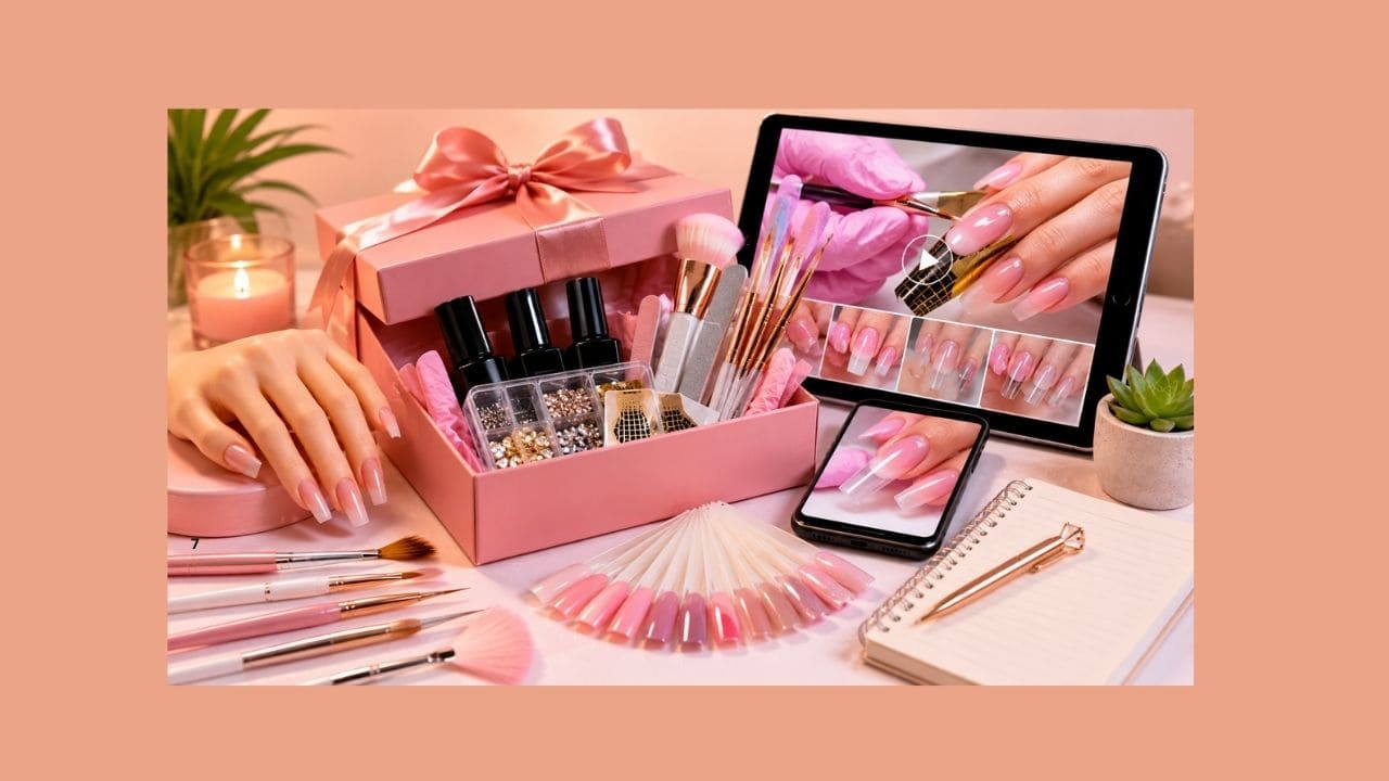 Tela de curso online de alongamento de unhas exibindo aulas bônus e materiais complementares para nail designers.