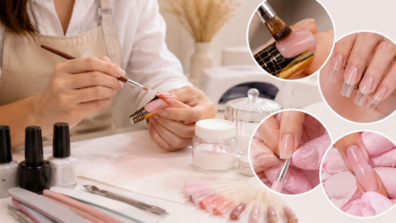 Aluno praticando técnicas de alongamento de unhas em fibra e gel durante aula prática de nail design profissional.