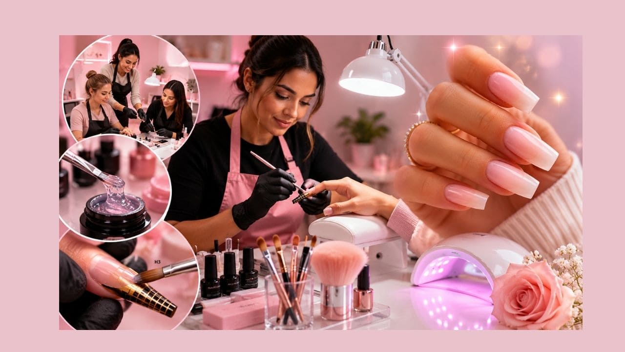 Instrutora ensinando técnicas de alongamento de unhas em curso profissional de fibra e gel para manicures iniciantes e avançadas.