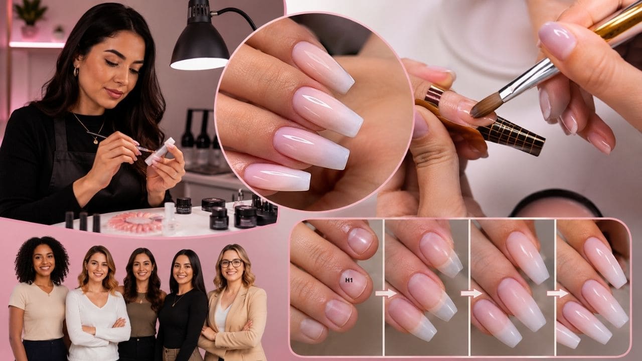 Profissional aplicando alongamento de unhas em cliente durante curso de nail design com foco em técnicas de fibra e gel.