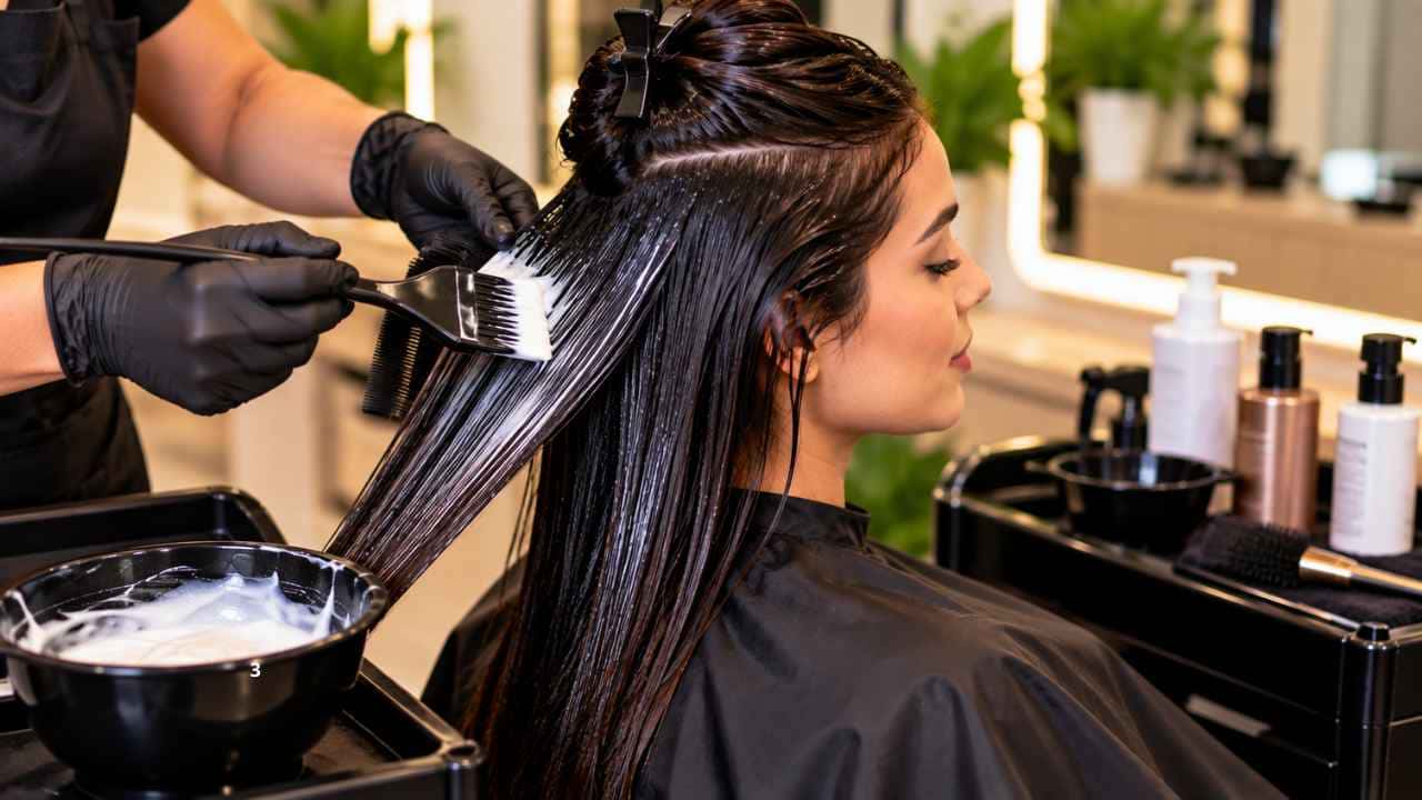 Profissional aplica produto de escova progressiva nos cabelos da cliente durante procedimento em salão de beleza.