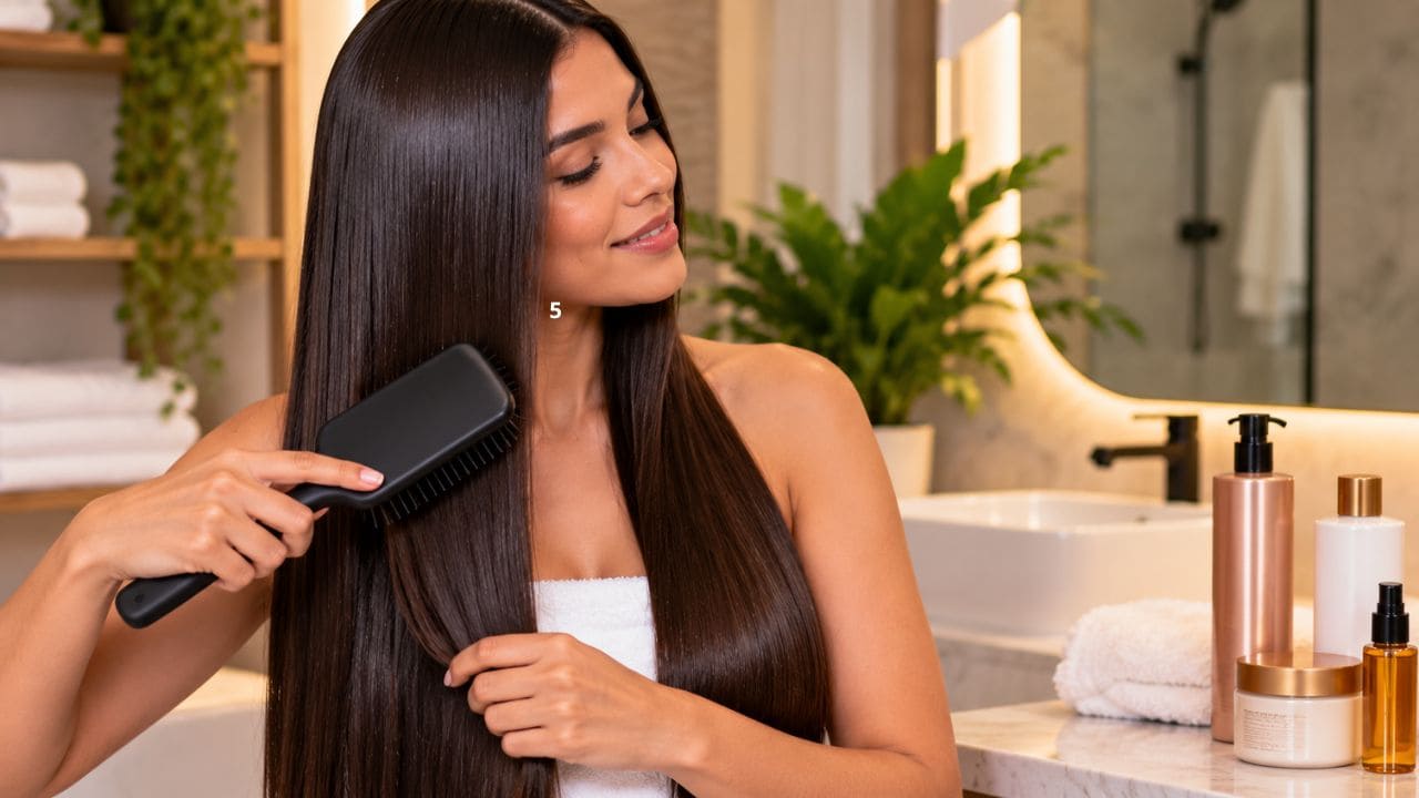 Mulher com cabelos lisos, alinhados e brilhantes após realizar escova progressiva.