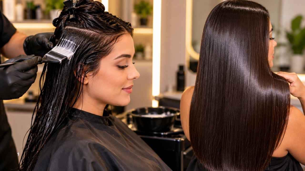 Profissional aplica produto de escova progressiva nos cabelos de uma cliente durante procedimento em salão de beleza.