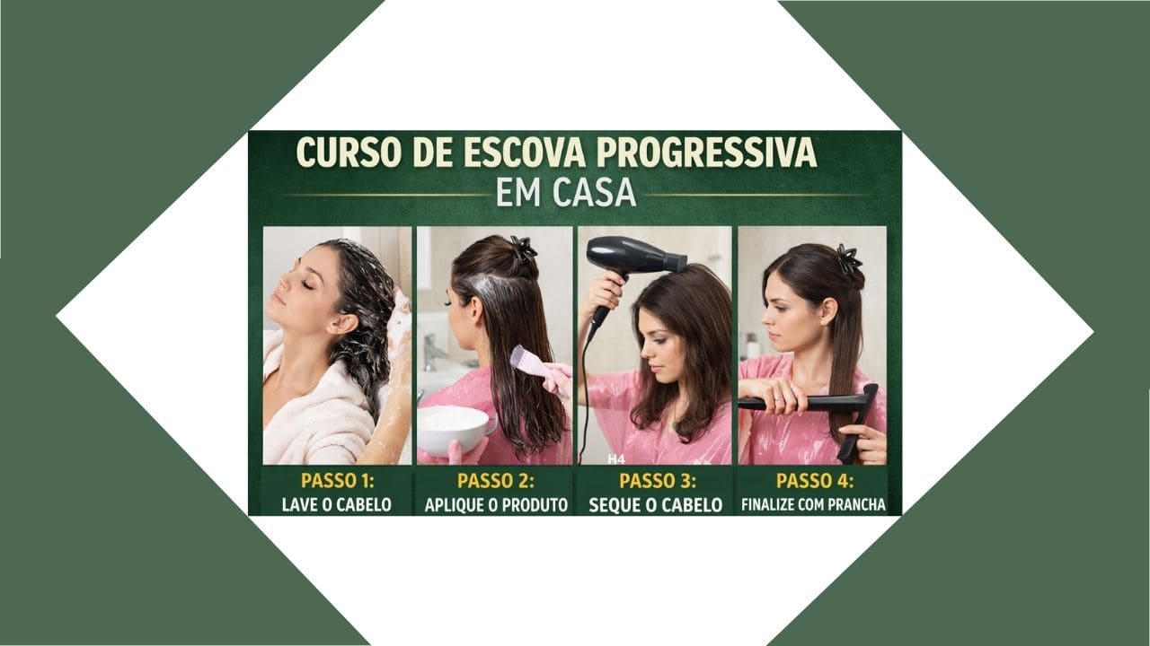 Sequência mostrando o passo a passo da escova progressiva em casa, desde a aplicação até o resultado final liso e brilhante.
