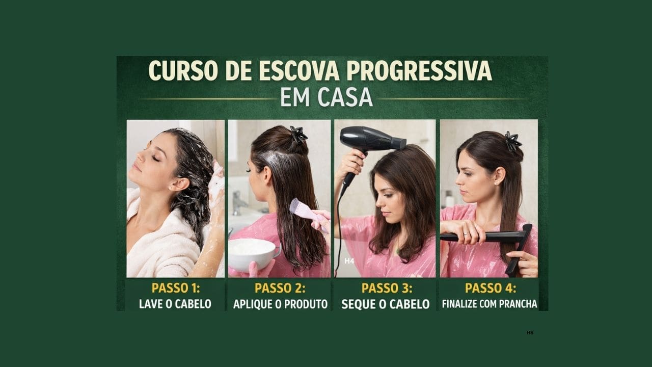 Pessoa utilizando equipamentos e produtos adequados durante a escova progressiva, destacando cuidados e segurança no processo.