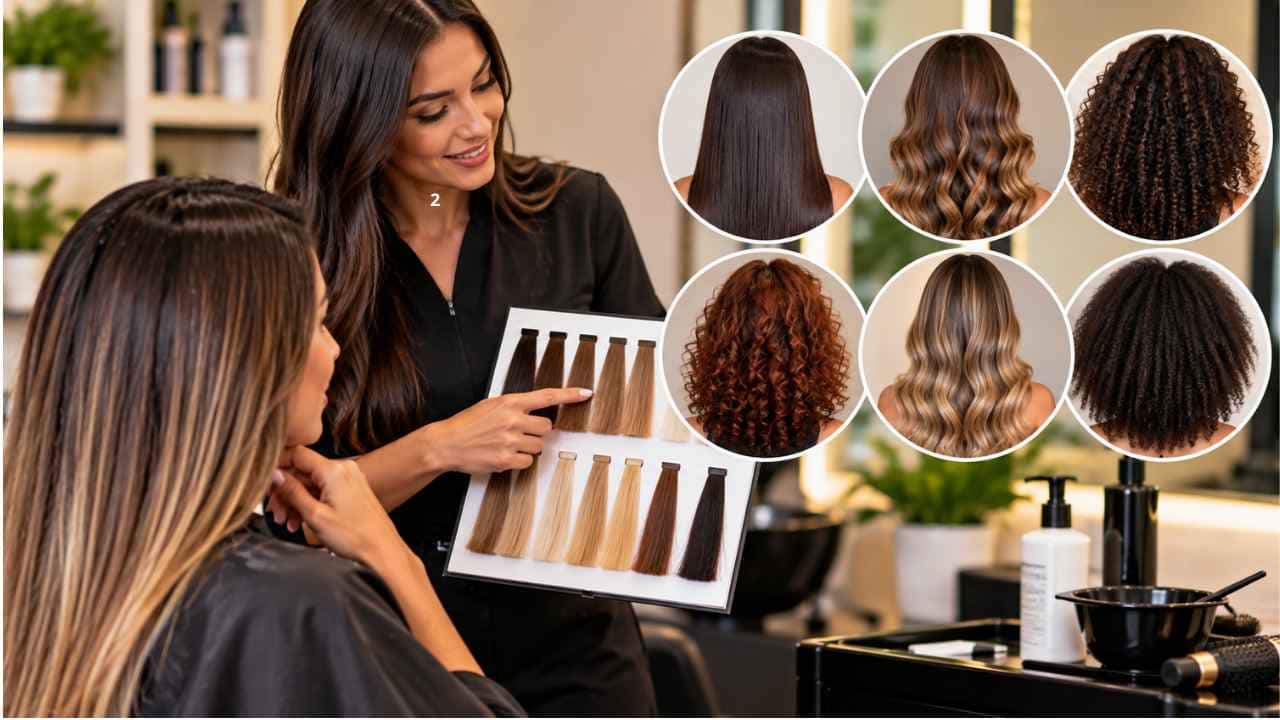 Profissional de beleza analisa diferentes tipos de cabelo para escolher a técnica de escova progressiva mais adequada.