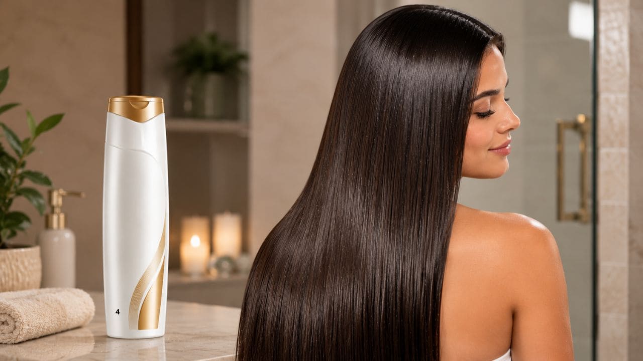 Mulher com cabelo liso e brilhante ao lado do Hidraliso Alisante de Chuveiro em banheiro moderno e elegante. 