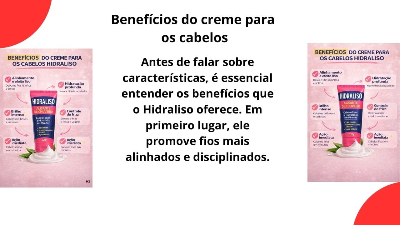 Imagem destacando os benefícios de um creme para cabelos, com foco em hidratação, redução do frizz, brilho e alinhamento dos fios.