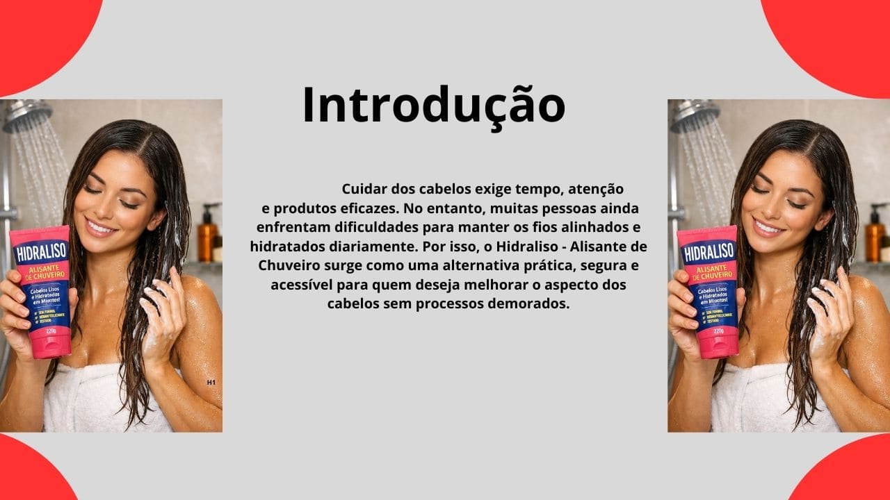 Imagem promocional mostrando a eficiência do Hidraliso alisante de chuveiro, com destaque para alinhamento dos fios, hidratação e ação em 5 minutos.