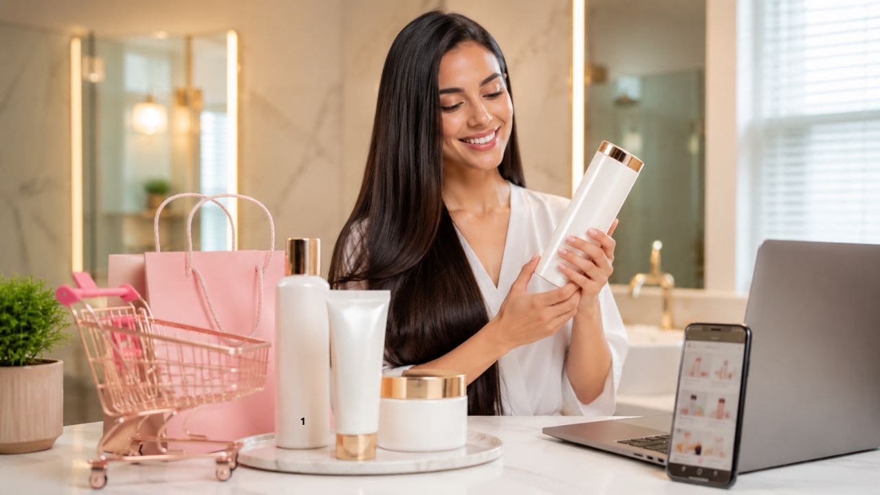 Frasco do Hidraliso Alisante de Chuveiro ao lado de mulher com cabelo liso, sedoso e brilhante em banheiro moderno. 