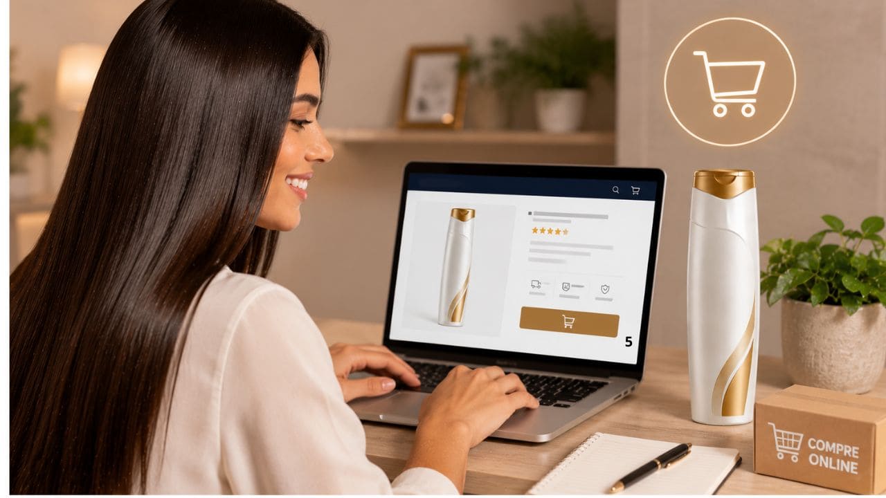 Mulher comprando Hidraliso online em notebook com frasco do alisante de chuveiro sobre a mesa em ambiente moderno. 
