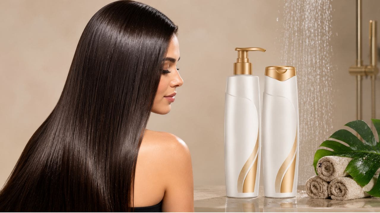 Mulher com cabelo liso e brilhante ao lado do Hidraliso Alisante de Chuveiro em ambiente de banheiro moderno. 