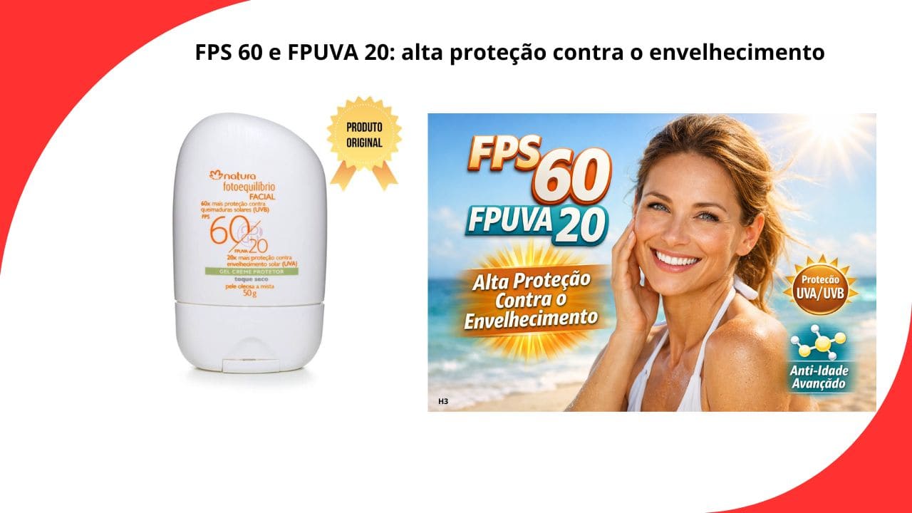 “Protetor solar facial FPS 60 e FPUVA 20 com alta proteção contra os raios UVA e UVB, ajudando a prevenir o envelhecimento precoce.”