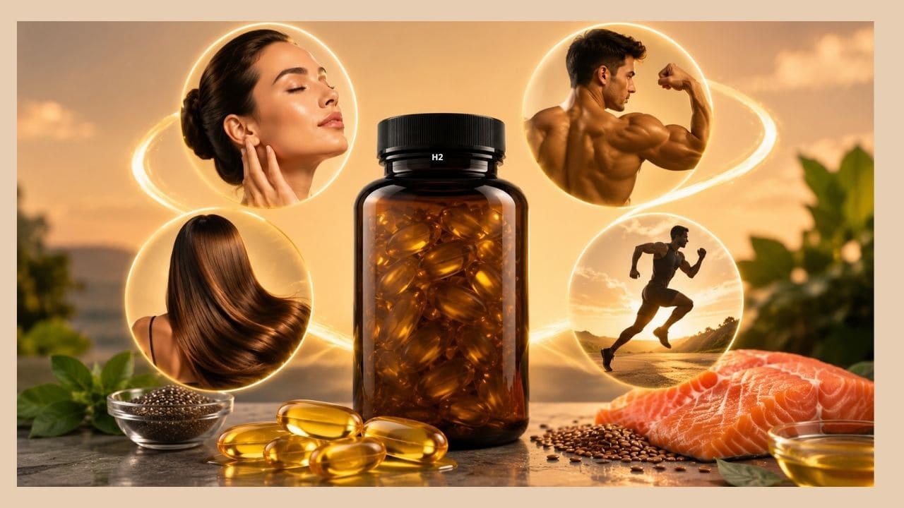 Frasco de Ômega 3 Palest 1000mg com cápsulas em destaque, representando benefícios para a beleza da pele, cabelos e desempenho físico.