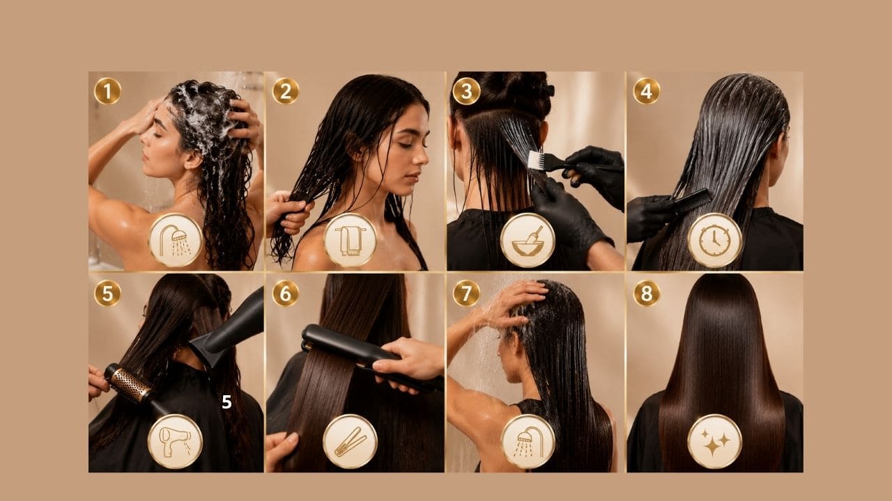 imagem da aplicação do KIT PROGRESSIVA ARK LINE Profissional aplicando o KIT PROGRESSIVA ARK LINE LISO MASTER nos cabelos para promover alinhamento dos fios, redução de volume e efeito liso prolongado.