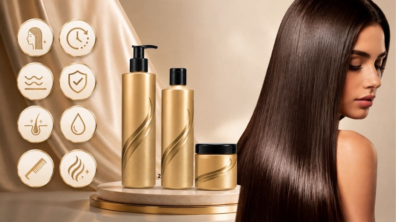 imagem dos principais beneficios da Progressiva Ark Line Liso Cabelos lisos, alinhados e brilhantes após o uso da Progressiva Ark Line Liso Master, com redução de volume e controle eficaz do frizz.