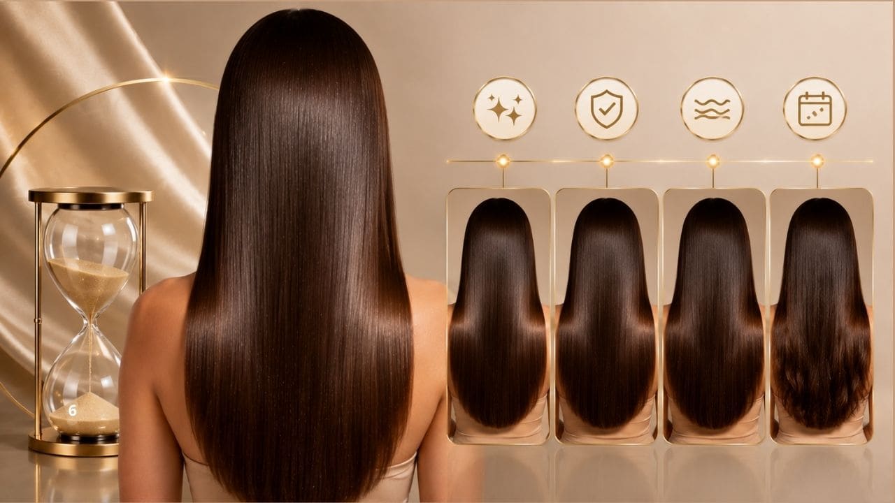 imagem da durabilidade dos Resultados das Progressivas Cabelos lisos e alinhados após aplicação da Progressiva Ark Line Liso Master, destacando a durabilidade do efeito liso, brilho intenso e controle do volume.