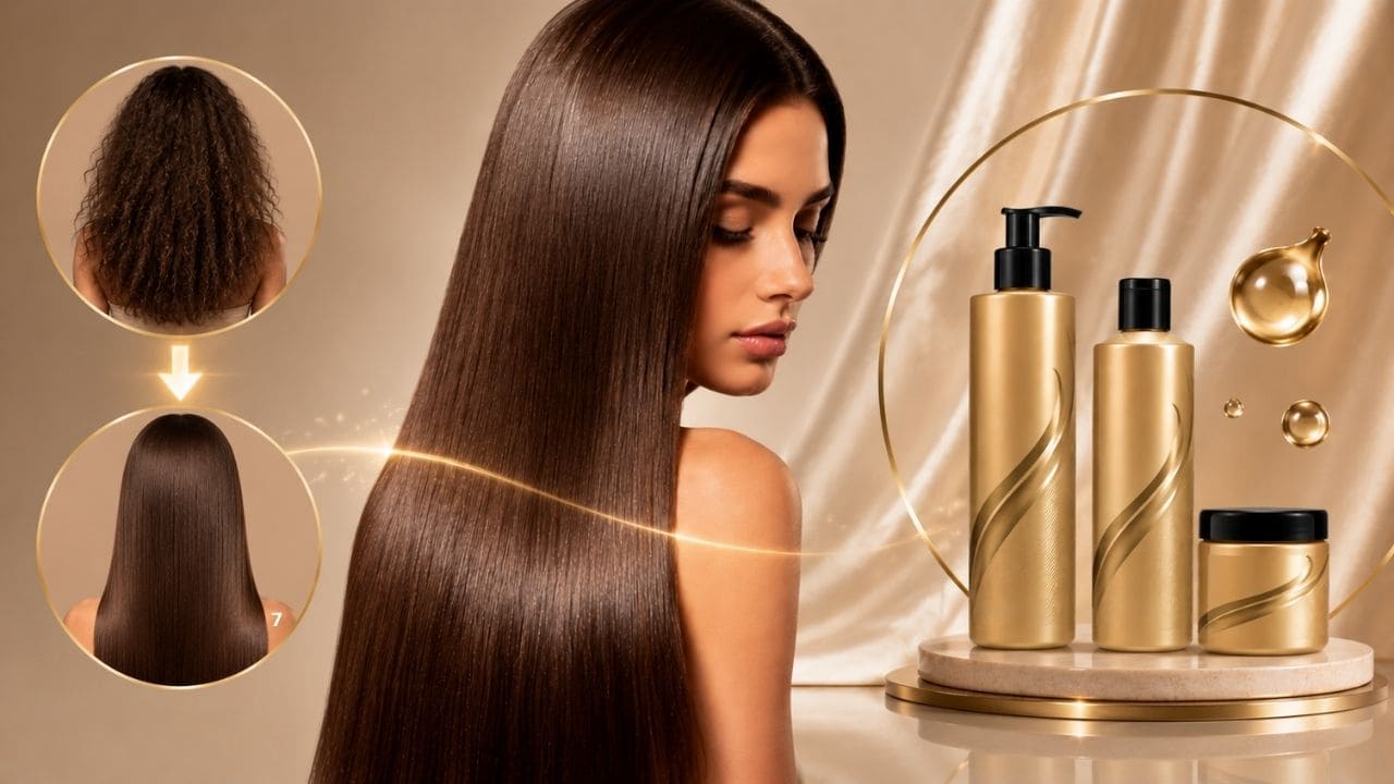 imagem de comoreduzir o Volume e Eliminar o Frizz dosfios Cabelos lisos, disciplinados e sem frizz após tratamento com Progressiva Ark Line Liso Master, destacando redução de volume e brilho intenso.