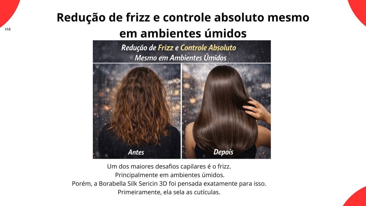 Comparação antes e depois mostrando cabelo com frizz em ambiente úmido e, ao lado, fios lisos, alinhados e brilhantes após o tratamento.