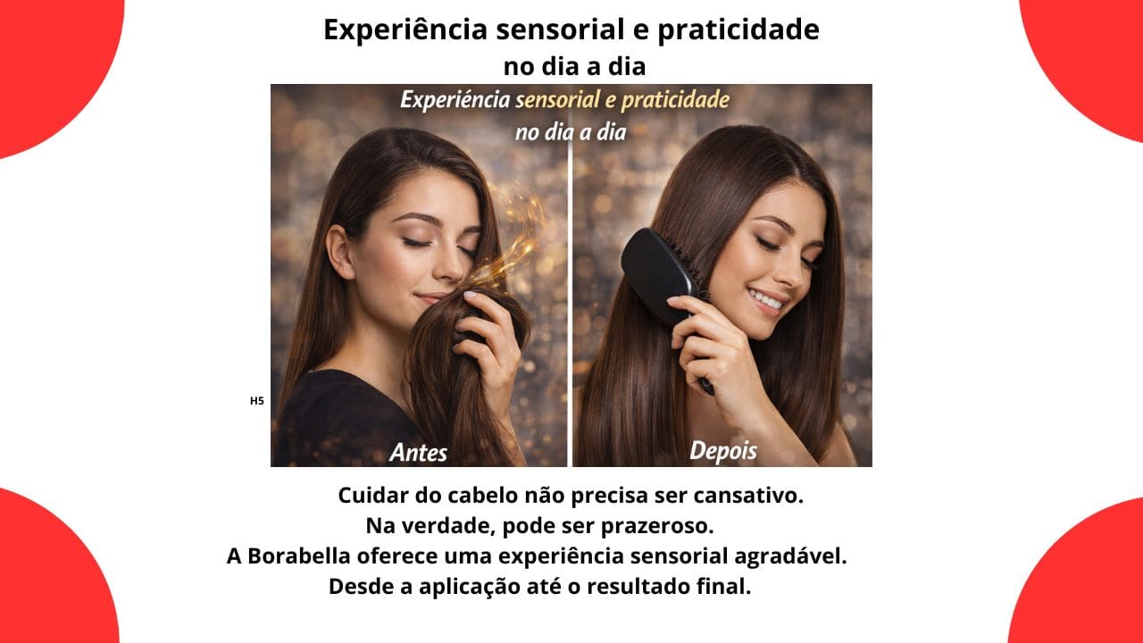 Mulher com cabelos brilhantes sorrindo enquanto toca e perfuma os fios, representando experiência sensorial e praticidade no cuidado diário.
