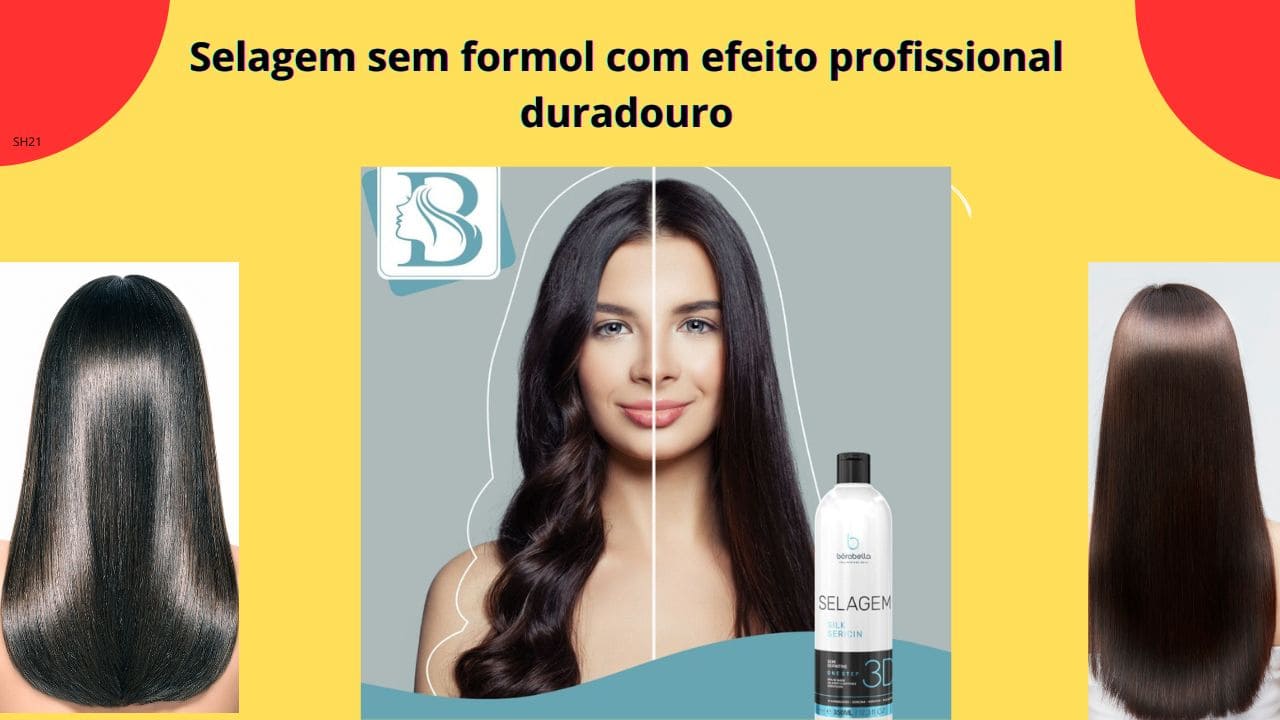 Mulher com cabelos longos, lisos e muito brilhantes, tocando os fios com suavidade, representando selagem sem formol com efeito profissional duradouro.