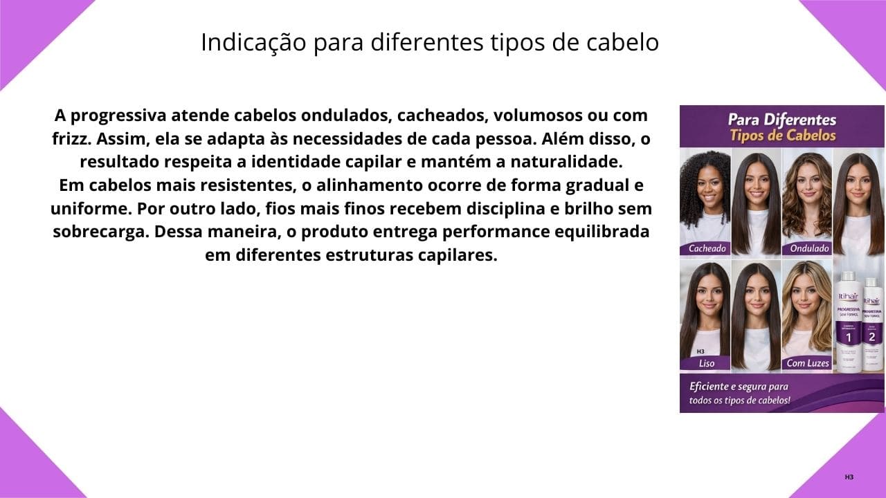 Imagem ilustrando diferentes tipos de cabelo — ondulado, cacheado e volumoso — tratados com a progressiva Itihair sem formol, mostrando fios mais alinhados, brilhantes e disciplinados.