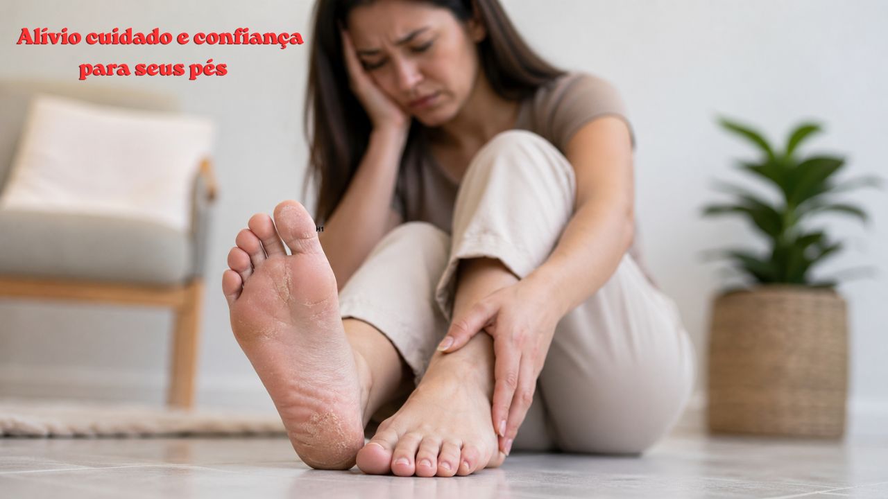 Pessoa observando os pés com expressão de desconforto, destacando dor e insatisfação