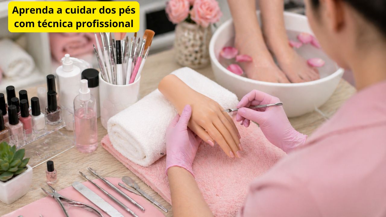 Profissional realizando manicure e pedicure com instrumentos adequados em ambiente limpo