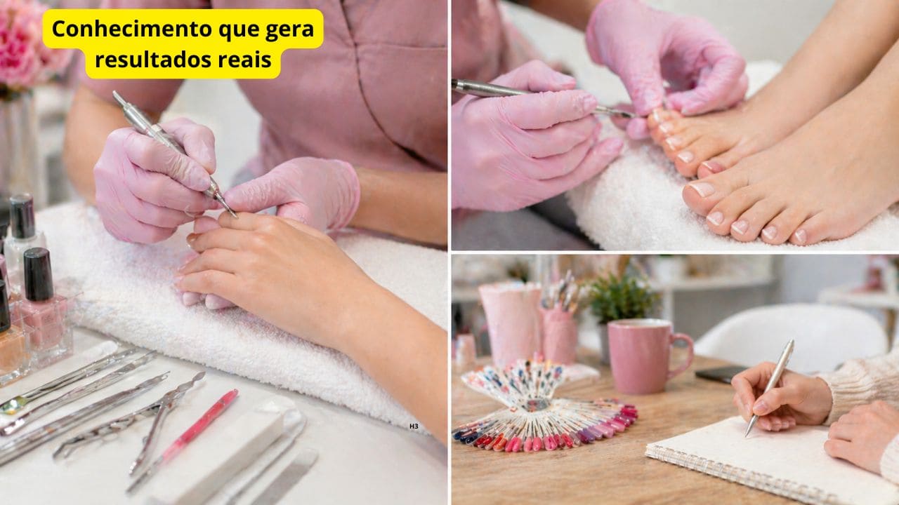 Pessoa aprendendo técnicas de manicure e pedicure e observando resultados práticos