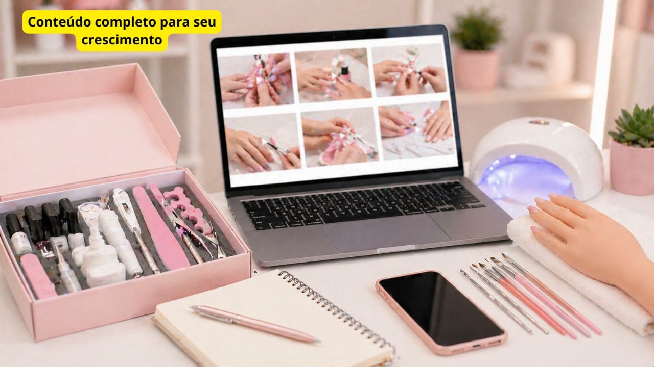 Kit de manicure com materiais profissionais e aula online sendo assistida em notebook