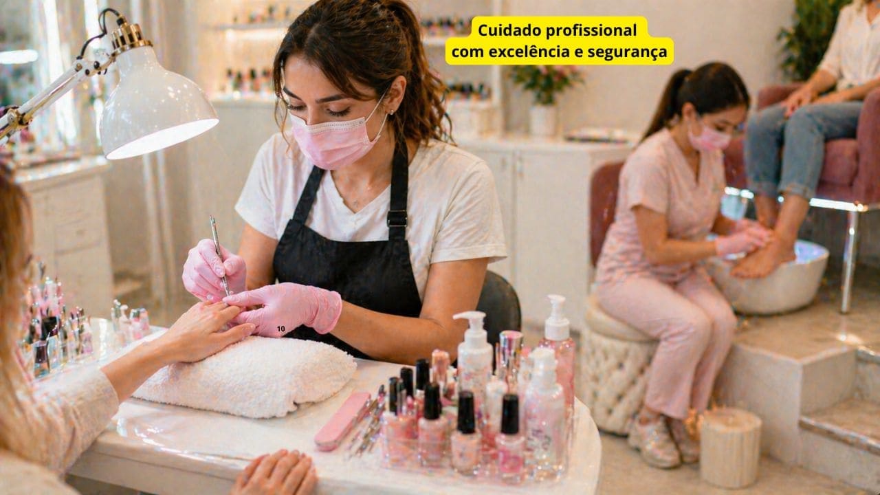 Profissional realizando manicure e pedicure com higiene e técnicas seguras em ambiente organizado