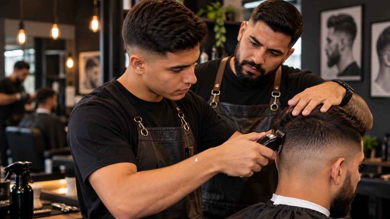 Aluno iniciante aprendendo técnicas de barbearia e praticando corte de cabelo durante um curso profissional.