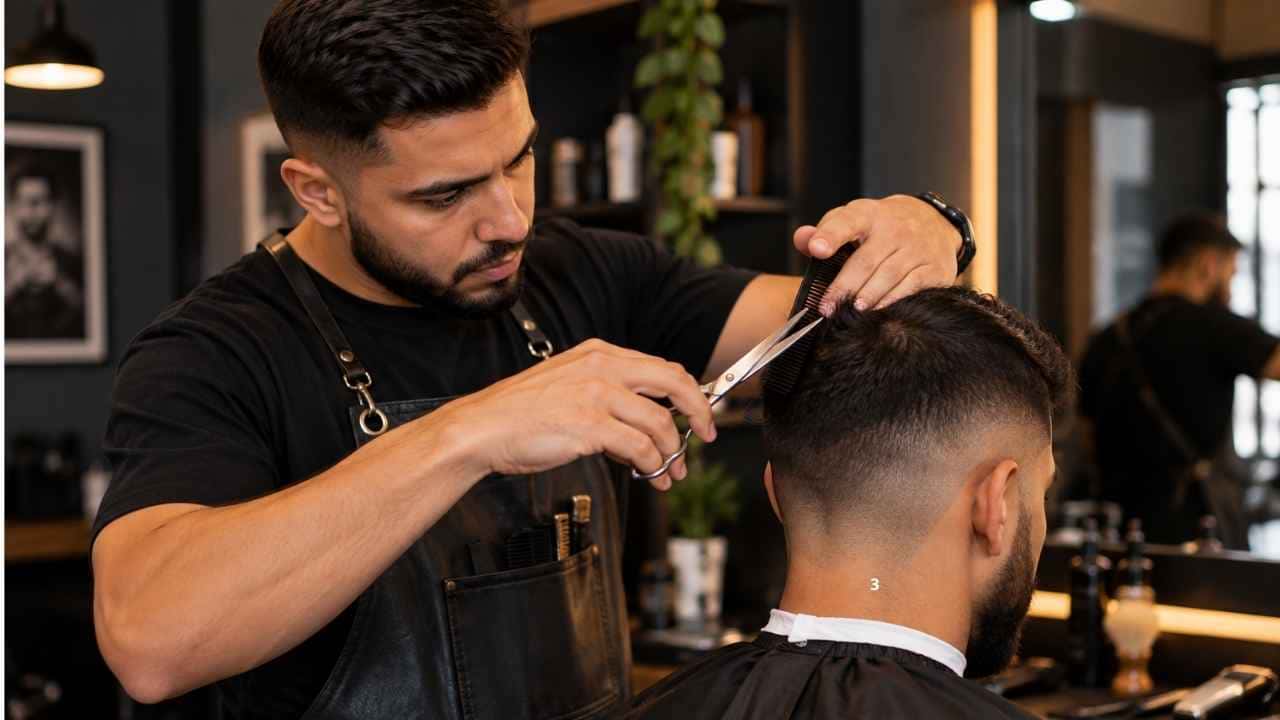 Barbeiro praticando técnicas de corte de cabelo em cliente para desenvolver segurança e habilidade profissional.