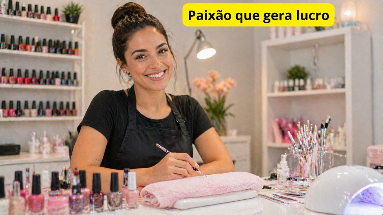 Profissional de unhas trabalhando com dedicação em ambiente organizado e profissional