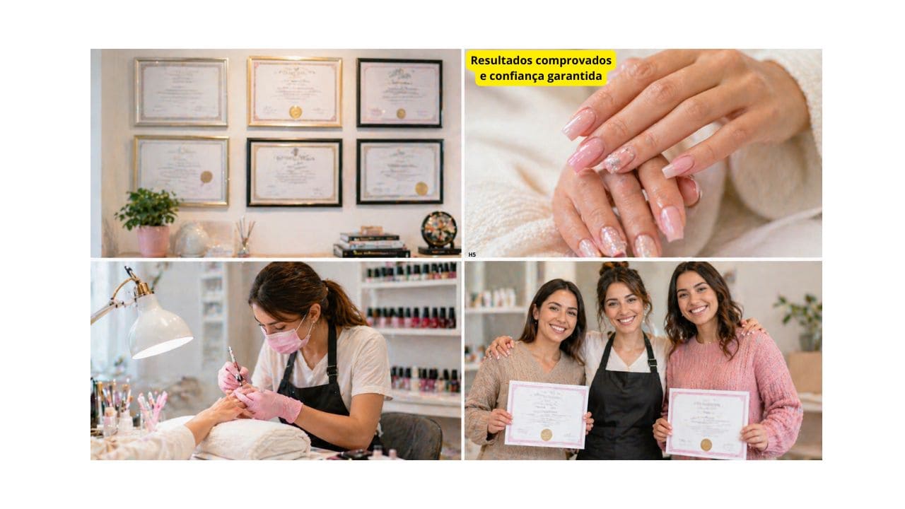Profissional de manicure com certificação e clientes satisfeitos demonstrando credibilidade