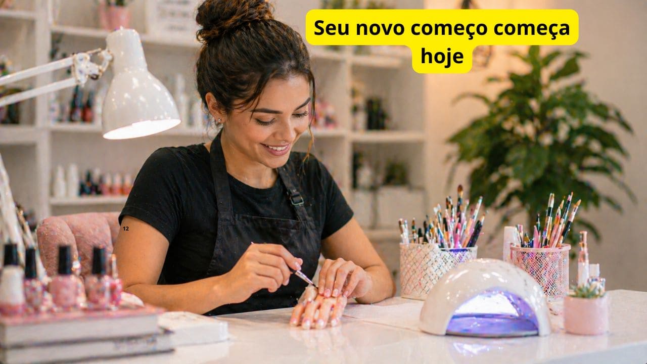 Profissional de unhas trabalhando com dedicação em ambiente organizado e profissional